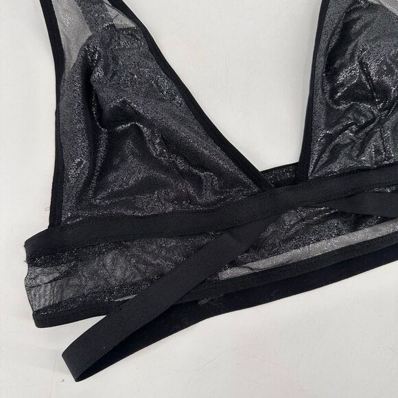 Victoria’s Secret Caged Bra Bralette Black Silver Foil Mesh Shine & Plunge Large - Picture 5 of 12